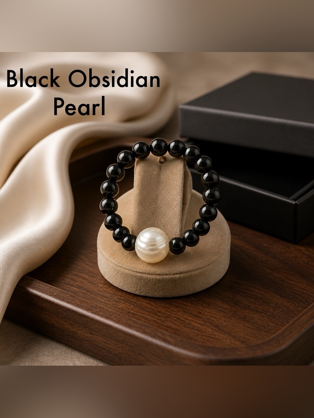 Black Obsidian Stretchy Beaded Ring with Pearl Accent